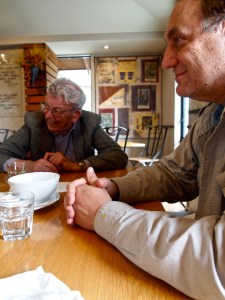Old collegiate souls Kevin and Tom catch up at lunch in Christchurch, New Zealand.