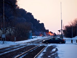 Photo looking west toward the oil fire in Casselton, North Dakota.