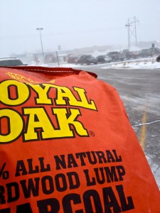 A bag of sensibly priced charcoal purchased as the blizzard set in.