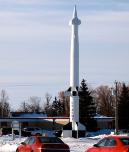Some of the 20th century Cold War missile public art in Langdon, North Dakota. The Langdon Elementary School is immediately behind this missile.