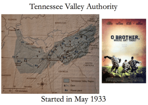I call this slide, "TVA O' Brother," a combination of the map from Roark, et al., "The American Promise" (2012, p. 726) and the handbill for "O' Brother, Where Art Thou?" (2000)