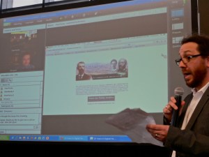 Bill Caraher (r) introduces a digital Ed Ayers, streamed live from the University of Richmond to give a talk at the University of North Dakota.